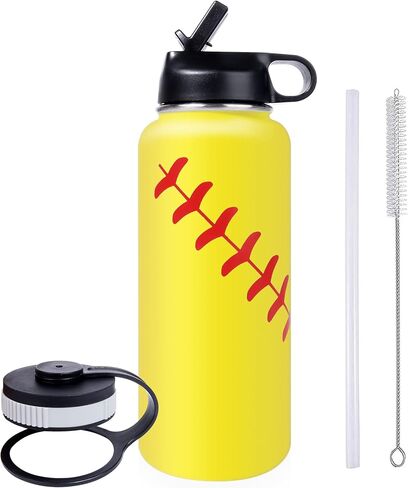 22oz Wide Mouth Softball Water Bottle with Two Lids(Straw, Handle Lid), 18/8 Stainless Steel Vacuum Insulated for Travel & Sport Cup. (Softball Yellow, 22oz) in Saudi Arabia