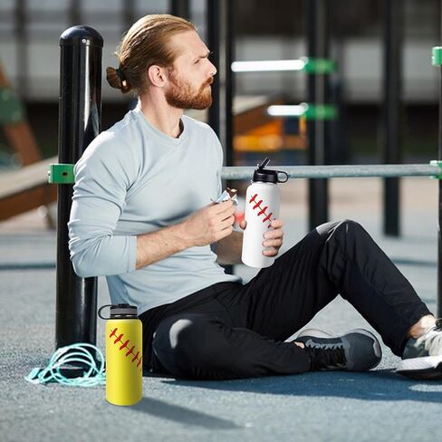 22oz Wide Mouth Softball Water Bottle with Two Lids(Straw, Handle Lid), 18/8 Stainless Steel Vacuum Insulated for Travel & Sport Cup. (Softball Yellow, 22oz) in Saudi Arabia