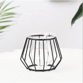 Glass Vase Nordic Small Flower Vase Clear Glass Bud Vases with Metal Geometric Iron Line Cup Vase Pot for Hydroponic Planter Flowers Rack Stand Modern Home Décor Desktop Table Vase Decor (Black,B)