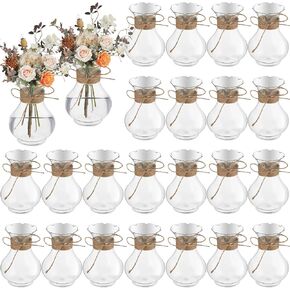24 Pcs Small Vases for Centerpieces Plastic Clear Cute Tiny Flower Bulb Vase Mini Hyacinth Forcing Avocado Growing Bud Vase Bulk Plant Containers with 2 Roll Ropes for Wedding Table Decoration