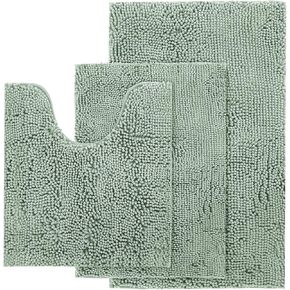 Chenille Shag Bath Rugs, Shaggy Bathroom Mat Set of 3 Piece, Soft Plush Luxury, High Pile, Absorbent, Non-Slip, 1 Large, 1 Contour, 1 Small (3-Piece Contour Set, Seafoam Blue Green)