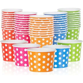 MATICAN Paper Ice Cream Cups - 50-Count 9-Oz Disposable Dessert Bowls for Hot or Cold Food, 9-Ounce Party Supplies Treat Cups for Sundae, Frozen Yogurt, Soup, 5 Colors, Polka Dots