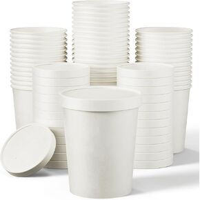 50pack 16oz Paper Soup Containers with Lids, Disposable Kraft Paper Food Cups, Ice Cream Cups, Paper food Storage with Lids, Microwavable and Freezer Safe, Suitable for Christmas Thanksgiving (White)