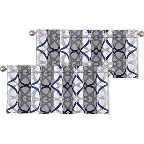 DriftAway Alexander Spiral Geo Trellis Pattern Window Curtain Valance Rod Pocket 52 Inch by 18 Inch Plus 2 Inch Header Navy and Gray 2 Pack