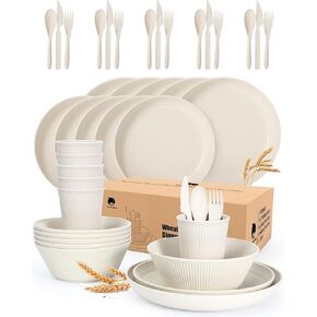 OAMCEG Plates and Bowls Sets Kitchen 42 Pcs, Plastic Wheat Straw Dinnerware Set,10in Set for 6, Unbreakable Dishwasher Microwave Safe Plates, Outdoor Camping Dishes, Beige