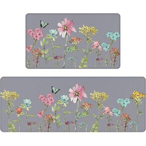 Colorful Flower Butterfly Kitchen Mats 2 Piece for Floor, Multi Colored Floral Kitchen Rugs Sets of 2, Non Slip Washable, 17"x47"+17"x29",Grey