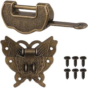 Antique Chinese Locks with Key & Latch Hasp Set, Vintage Jewelry Gift Box Decorative Padlock Lock Hardware Latch Set for Wood Box, Love Lock