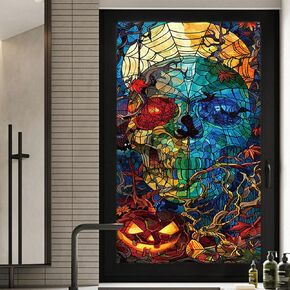 Halloween Window Privacy Film,Stained Glass Window Film Frosted Glass Window Film Bathroom Window Privacy Film Non-Adhesive Heat Control Window Film Decorative for Room 17.7"x39.5" (BH131)