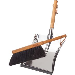 REDECKER Arenga Fiber Hand Brush and Dust Pan Set, Heavy Duty Broom and Dustpan Combo for Home and Outdoor, Oiled Beechwood Handles, Stainless Steel Dust Pan, Made in Germany, 14-1/8-Inches