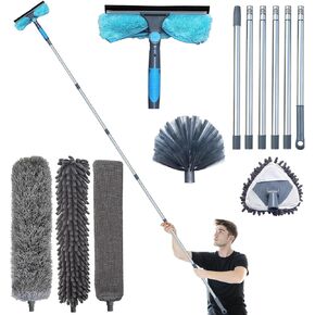6 pcs House Cleaning Duster Kit, Extension Poles,15 Foot High Reach When Held, Include Window Squeegee, Cobweb Duster,Gap Duster,Microfiber Duster,for Cleaning Window, Interior Roof, Walls, Floor