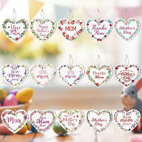 Haooryx 31Pcs Mother's Day Wood Hanging Ornaments, Wooden Gnome Elves Pendant Slices Tags Hanging Decoration Mom Birthday Party Favor Supplies Anniversary Home Hanger Decorations