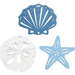 3pcs Mediterranean Style Wood Piece Wall Decor Sand Dollar Seashell Starfish Shape Wood Hanging Ornaments (10-Inch)
