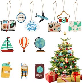 26 Pieces Christmas Ornaments Travel Themed Party Decorations Set Luggage Passport Camera Christmas Wooden Hanging Decors with Rope for House Xmas Tree Decorations Party Supplies (Stylish Style)