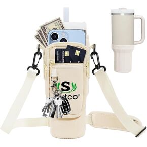 Water Bottle Carrier Bag for Stanley Cup 40oz with Phone Pocket, Adjustable Strap, Keychain, Silicone Boot Sleeve Bumper Bottom Cover Anti-Scratch Protective Suitable for Stanleys Tumbler 40 Oz