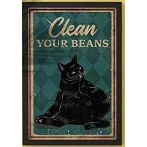 Clean Your Beans Black Cat Bathroom Vintage Tin Sign Funny Art Print Wall Decoration Decor Animal Lovers Gifts 12 x 8 Inch