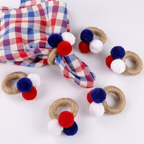Napkin Rings Set of 6,Handcraft Napkin Holders for Patriotic Independence Day 4th of July Veterans Day Memorial Day Red Blue White Hair Ball Napkin Buckle Table Ring for Dinning Table Decorations …