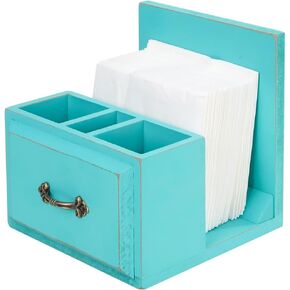 Wood Napkin Holder with Organizer Container Storage for Knives and Forks Condiment Bottle Spice Bottle Freestanding Wooden Tissue Napkin Dispenser for Kitchen Restaurant Party Tabletop Decor Blue