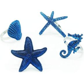 Fennco Styles Coastal Sea Creatures Metal Napkin Rings, Set of 4 - Blue Nautical Napkin Holders for Home Décor, Dining Table, Banquets, Family Gathering and Special Occasions (Silver Ring)