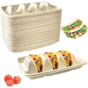 50PCS Disposable Taco Holder for Party，Disposable Taco Plates with 3 Dividers Disposable Taco Holders for Party, Taco Tray Holder, Pulp Fiber Plates Disposable for Taco Tuesday Lazy Susan Taco Bar