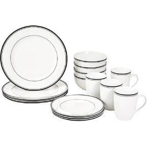 Amazon Basics 16-Piece Cafe Stripe Kitchen Dinnerware Set, Plates, Bowls, Mugs, Service for 4, Blue