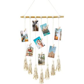 Kuailaihai Hanging Photo Display 27in L x 17in W Macrame Wall Hanging Clip Photo Holders Boho Room Decor, with 15 Wooden Clips, Gifts for Women Teen Girl Bedroom Decor Apartment Decor, Ivory