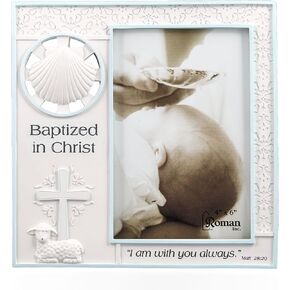 Baptized in Christ Vertical 4x6 Picture Frame - Matthew 28:20 Scripture (Blue)