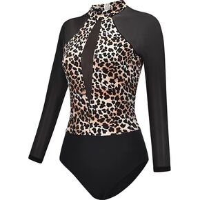 Emily - Leopard Print Dance Leotard For Women. Mesh Full Sleeves Leotards for Women Ballet and Dance