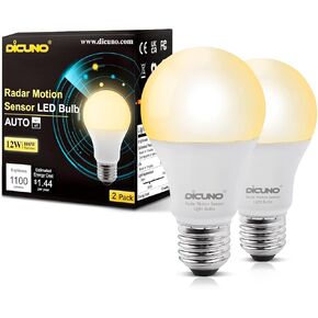 DiCUNO Radar Motion Sensor Light Bulb Outdoor, 12W (100W Equivalent) A19 Motion Sensor Bulb Auto on/Off, Warm White 3000K, 1100 LM, Outdoor Lighting for Front Porch Garage, 2 Pack