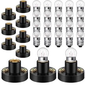 30 Pieces E10 Screw Mini Bulbs Warm White Bulb Light and E10 Mini Screw Type Bulb Socket Black Plastic Bulb Holder for Student Experiment Lighting DIY Accessories (1.5V, 0.3A)