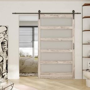Glass Sliding Barn Door 30" × 84", 5 Tempered Glass Panel Barn Door, Waterproof PVC Surface,Pre-drilled Barn Door Slab, Ready to Assemble, Unfinished, Barn Door Hardware Included, Light Grey