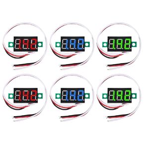 6PCS Voltage Tester Small Digital Voltmeter Gauge Tester 0.36" 3 Wire DC 0-100V 3 Colors LED Display Voltage Tester DC Volt Meter Blue Red Green