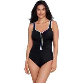 Penbrooke ShapeSolver Sport Women's Colorful Behavior Shirred Zip Soft Cup One Piece Swimsuit