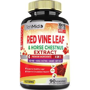 18250mg Red Vine Leaf Extract Capsules - with Horse Chestnut, Beet Root, Ginger - Herbal Suppplement for Heart, Leg Vein & Energy - 90 Vegan Capsules for 45 Days