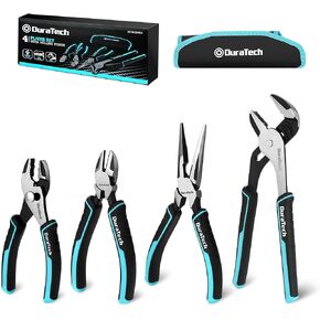 DURATECH 4-Piece Pliers Set with Rolling Pouch, Premium Cr-Ni Construction, (10" Groove Joint Pliers, 8" Long Needle Nose, 6" Slip Joint, 6" Diagonal) for Basic Repair
