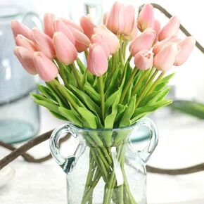 AMZALI Artificial Flowers Real Touch Mini PU Tulips Bouquet Fake Tulips Flowers Arrangement Artificial Plants for Wedding Centerpiece Room Home Hotel Party Event Christmas Decor Cream White Set of 30