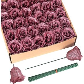 Rose Gold Flowers, 30PCS Glitter Roses Bouquet Artificial Roses with Stems for Crafts Wedding Bouquet Party Home Decor(Rose Gold)