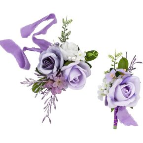 Corsage and Boutonniere Set for Wedding Prom Homecoming Men Groom Groomsmen Artificial Rose Flowers Boutonniere and Women Girl Bridesmaids Bracelet Suit Decor