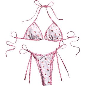 SOLY HUX Women's Swimsuit Cherry Print Halter Triangle Tie Side Bikini Sets Two Piece Bathing Suits