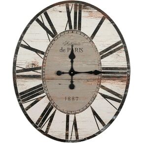 Creative Co-Op Decorative Oval Wood Wall Clock with Distressed Finish, White and Grey