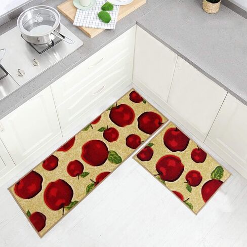 Machine Washable Kitchen Rugs and Mats 2pcs Sets Red Apple Design Non-slip Absorbent Kitchen Rug Runner(1'3x2'0+1'3x4'0, Red) in Saudi Arabia