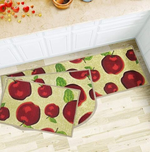 Machine Washable Kitchen Rugs and Mats 2pcs Sets Red Apple Design Non-slip Absorbent Kitchen Rug Runner(1'3x2'0+1'3x4'0, Red) in Saudi Arabia