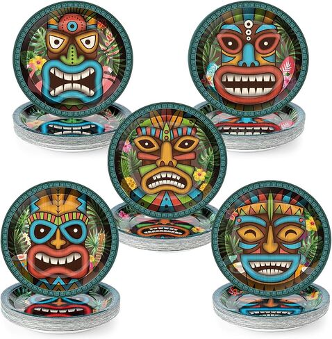 Uiifan 100 Pcs Vintage Tiki Disposable Paper Plates 9 Inch Tropical Summer Pool Party Supplies Hawaiian Party Tableware Set Beach Party Dessert Plates for Tiki Party Supplies, Serve 100 Guests in Saudi Arabia