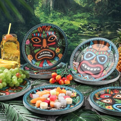 Uiifan 100 Pcs Vintage Tiki Disposable Paper Plates 9 Inch Tropical Summer Pool Party Supplies Hawaiian Party Tableware Set Beach Party Dessert Plates for Tiki Party Supplies, Serve 100 Guests in Saudi Arabia