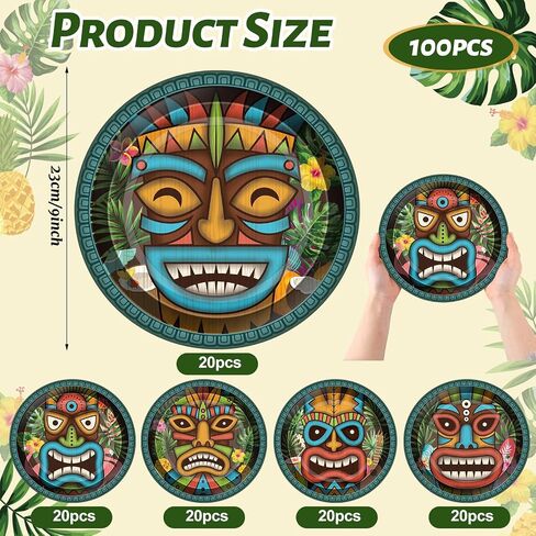 Uiifan 100 Pcs Vintage Tiki Disposable Paper Plates 9 Inch Tropical Summer Pool Party Supplies Hawaiian Party Tableware Set Beach Party Dessert Plates for Tiki Party Supplies, Serve 100 Guests in Saudi Arabia