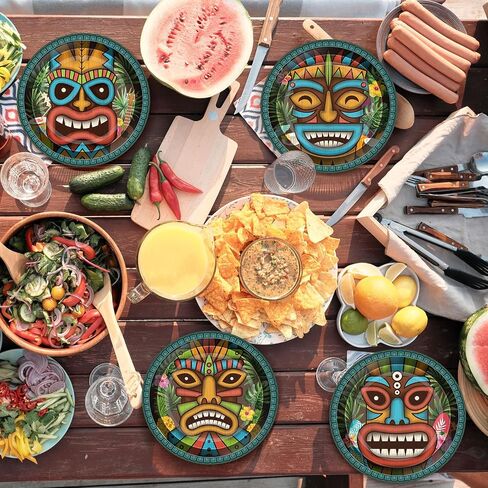 Uiifan 100 Pcs Vintage Tiki Disposable Paper Plates 9 Inch Tropical Summer Pool Party Supplies Hawaiian Party Tableware Set Beach Party Dessert Plates for Tiki Party Supplies, Serve 100 Guests in Saudi Arabia