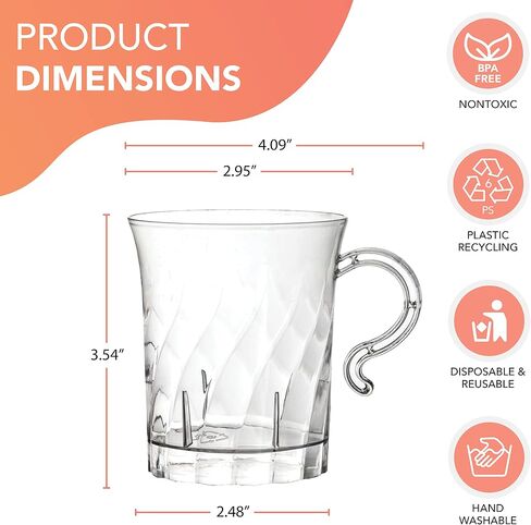 Party Essentials Hard Plastic 8 oz. Swirled Coffee/Tea/ Party Cups With Handle, Clear, 20 Count (N810-2) in Saudi Arabia