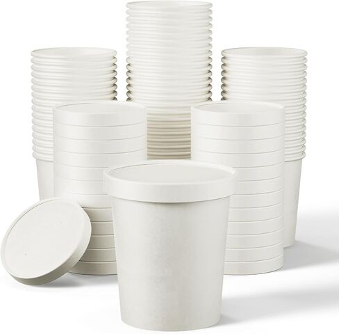 50pack 16oz Paper Soup Containers with Lids, Disposable Kraft Paper Food Cups, Ice Cream Cups, Paper food Storage with Lids, Microwavable and Freezer Safe, Suitable for Christmas Thanksgiving (White) in Saudi Arabia