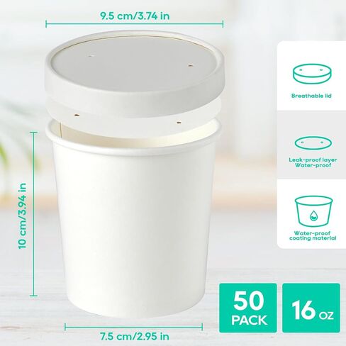 50pack 16oz Paper Soup Containers with Lids, Disposable Kraft Paper Food Cups, Ice Cream Cups, Paper food Storage with Lids, Microwavable and Freezer Safe, Suitable for Christmas Thanksgiving (White) in Saudi Arabia