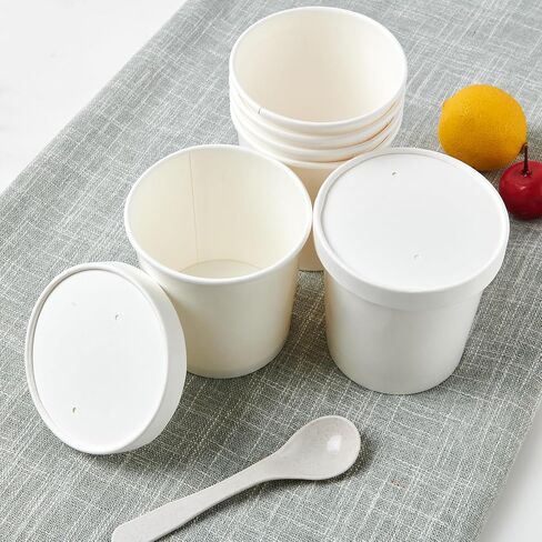 50pack 16oz Paper Soup Containers with Lids, Disposable Kraft Paper Food Cups, Ice Cream Cups, Paper food Storage with Lids, Microwavable and Freezer Safe, Suitable for Christmas Thanksgiving (White) in Saudi Arabia