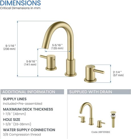 KIBI Circular 2-Handle Widespread Faucet for Bathroom Sink with Pop Up Drain | 8 Inch Bathroom Sink Faucets | Solid Brass 3 Hole Faucet (Brushed Gold) (KBF1016) in Saudi Arabia
